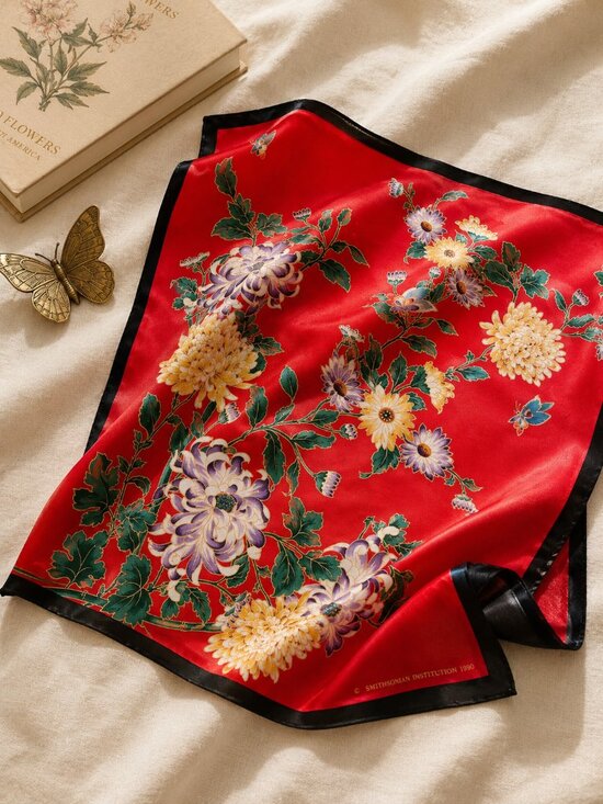 Smithsonian Institution Vintage Silk Scarf Red Floral Butterfly 30" Square